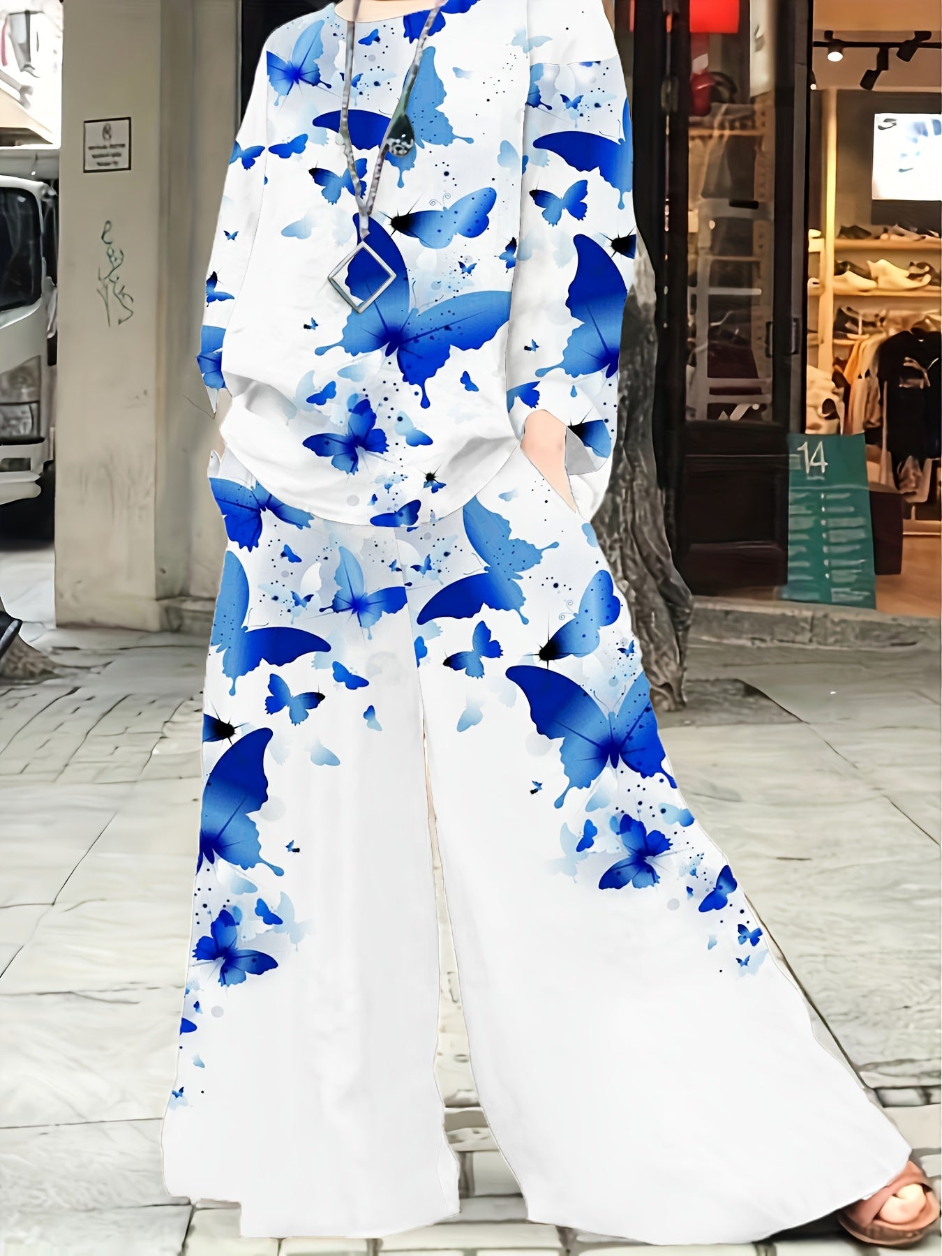 Butterfly Print Top & Wide Leg Pants Set