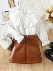 Toddler Girls Winter Skirt Set Ruffle Trim Top & PU Zipper Skirt