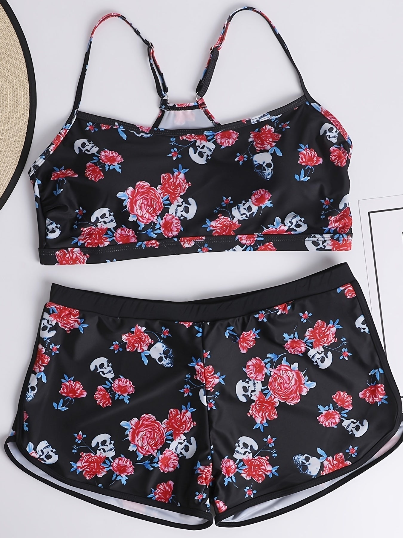 Rose & Skull Print Top & Shorts Swimsuit Set
