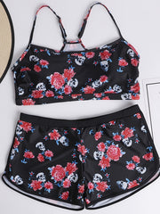 Rose & Skull Print Top & Shorts Swimsuit Set