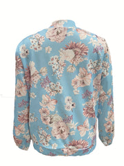 Floral Print Zipper Jacket Long Sleeve Casual Elastic Trim Women's Clothing