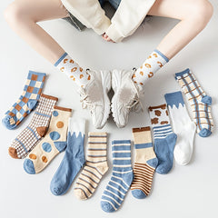 6 Pairs Cartoon College Style Socks Ribbed Mid Tube Stockings