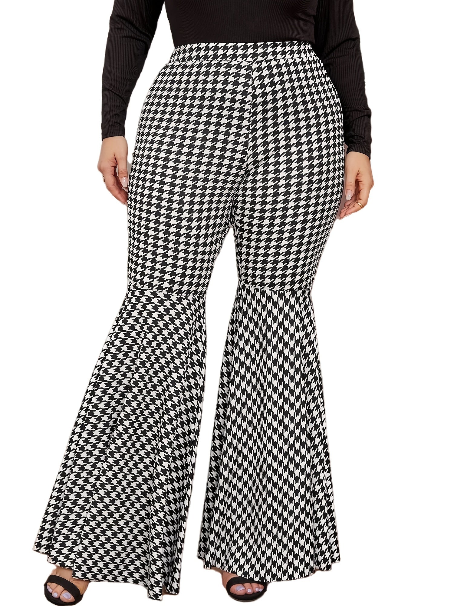 Houndstooth Flared Pants Retro High Rise Plus Women's