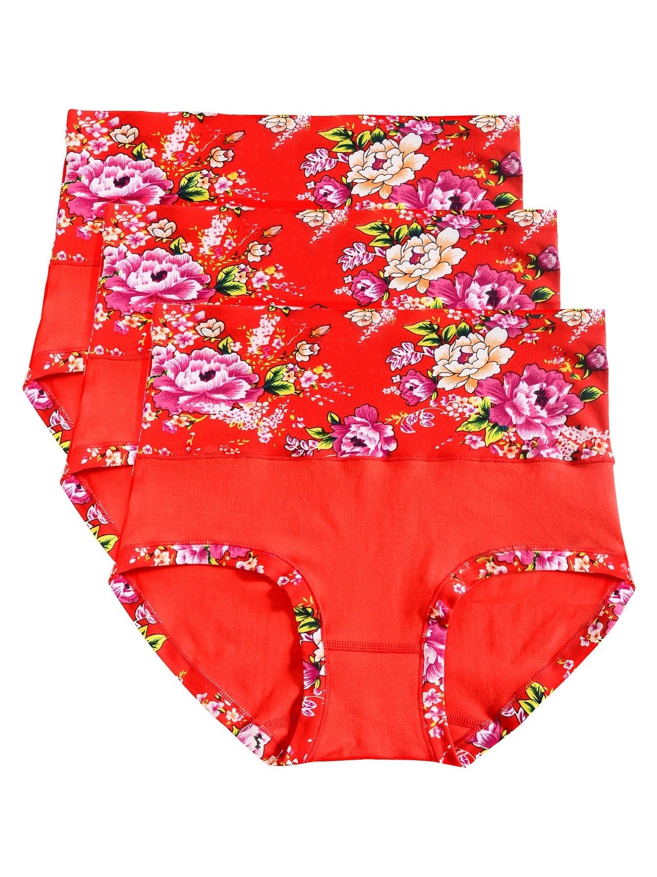 3pcs Chinese Floral Cotton Briefs Comfortable Mid Waist Intimates Panties