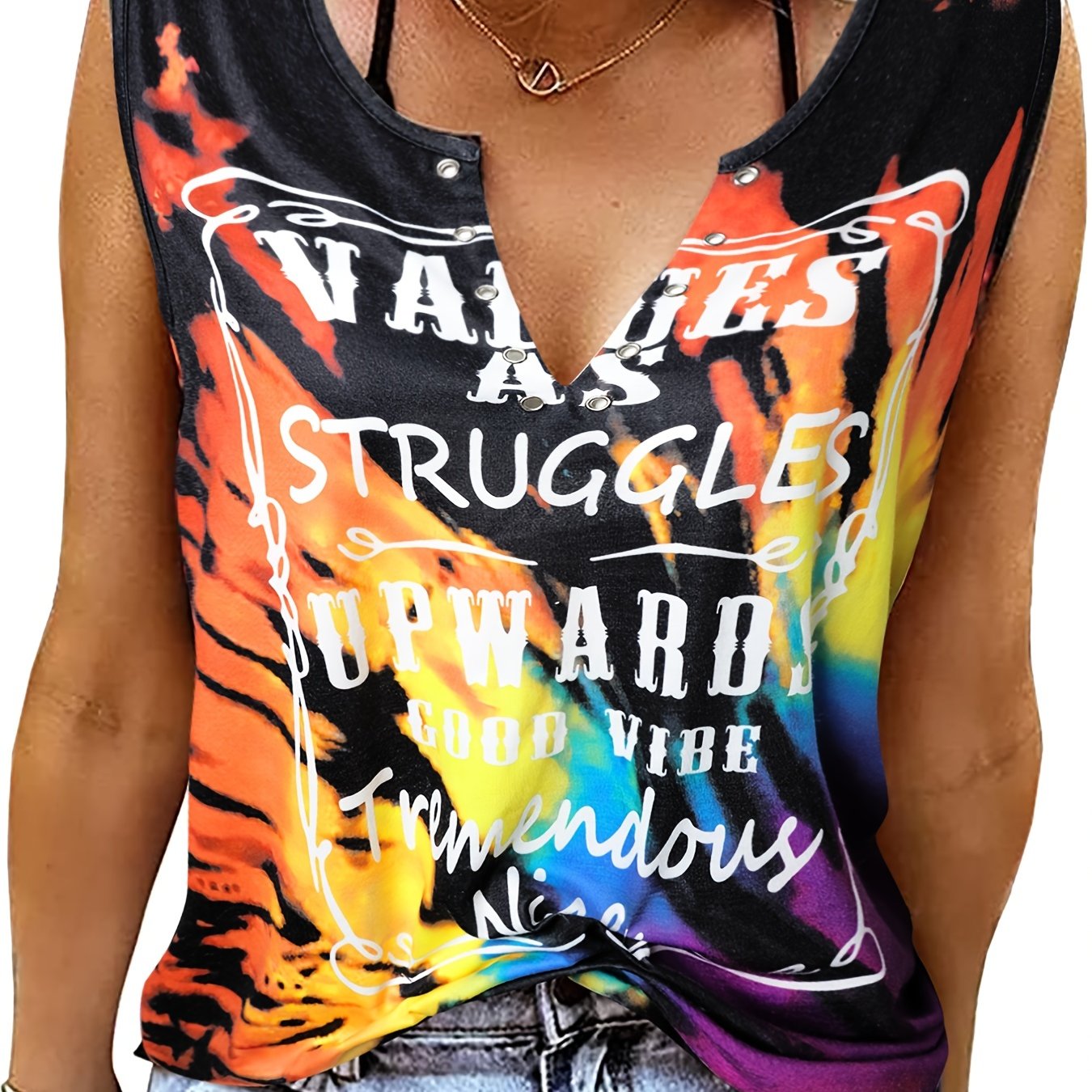 Letter Block Tank Top Notched Neck Sleeveless Summer Top
