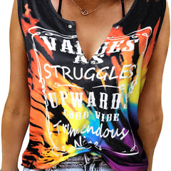 Letter Block Tank Top Notched Neck Sleeveless Summer Top
