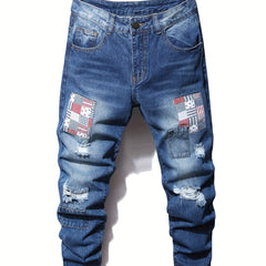 Embroidered Distressed Jeans Men's Casual Street Style Denim Pants
