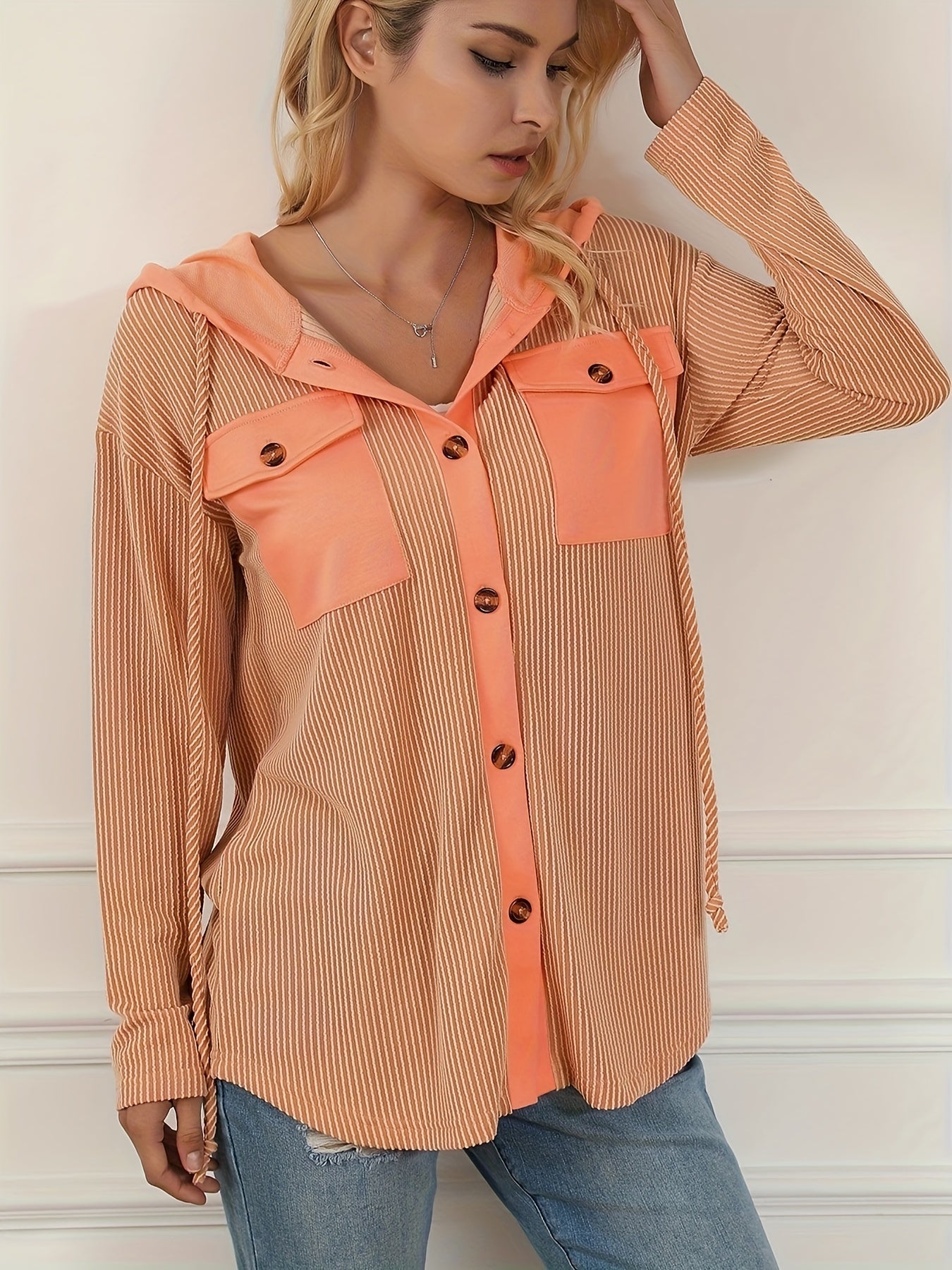 Striped Button Hooded Jacket With Rope Drawstring Decor