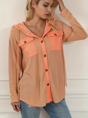 Striped Button Hooded Jacket With Rope Drawstring Decor