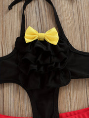 Toddler Girls Bow Cut Out Ruffle Trim Halter One Piece Swimsuit