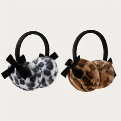 Leopard Print Plush Ear Muffs with Bow Detail - Warm & Cozy