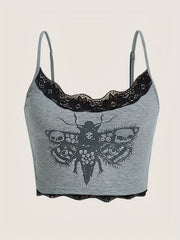 Bee Print Lace Cami Top Spaghetti Sleeveless Sexy Summer