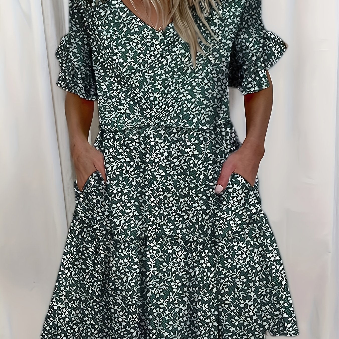 Boho Dress Women's Plus Floral Print Ruffle Dress With Pockets