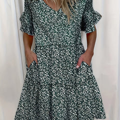 Boho Dress Women's Plus Floral Print Ruffle Dress With Pockets