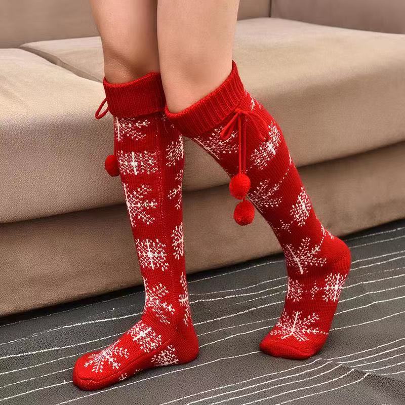 Christmas Knee High Stockings Warm Cotton Knit Socks Red Women's Hosier