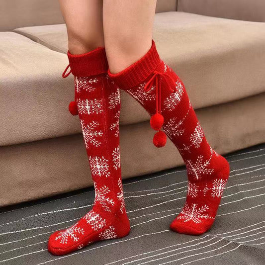 Christmas Knee High Stockings Warm Cotton Knit Socks Red Women's Hosier