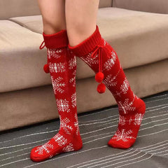 Christmas Knee High Stockings Warm Cotton Knit Socks Red Women's Hosier