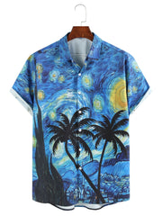Men's Starry Night Print Short Sleeve Shirt for Summer
