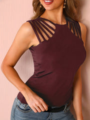 Cut Out Solid Tank Top Sleeveless Crew Neck Sexy Summer Women's Clothing