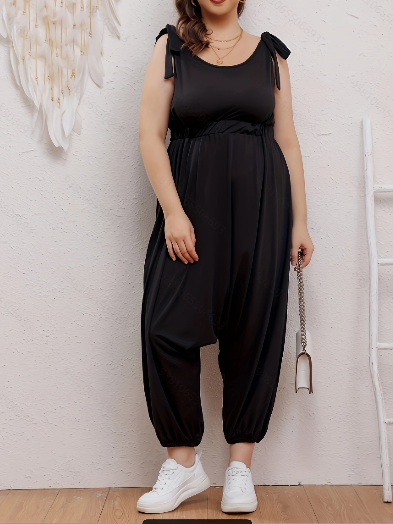 Casual Jumpsuit Women's Plus Solid Round Neck Tie Shoulder
