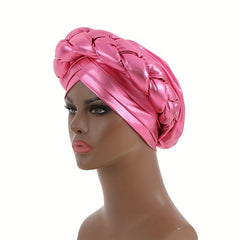Pink Turban Cap Hot Stamping Braided Hijab Hat Elastic Bonnet Chemo Hats