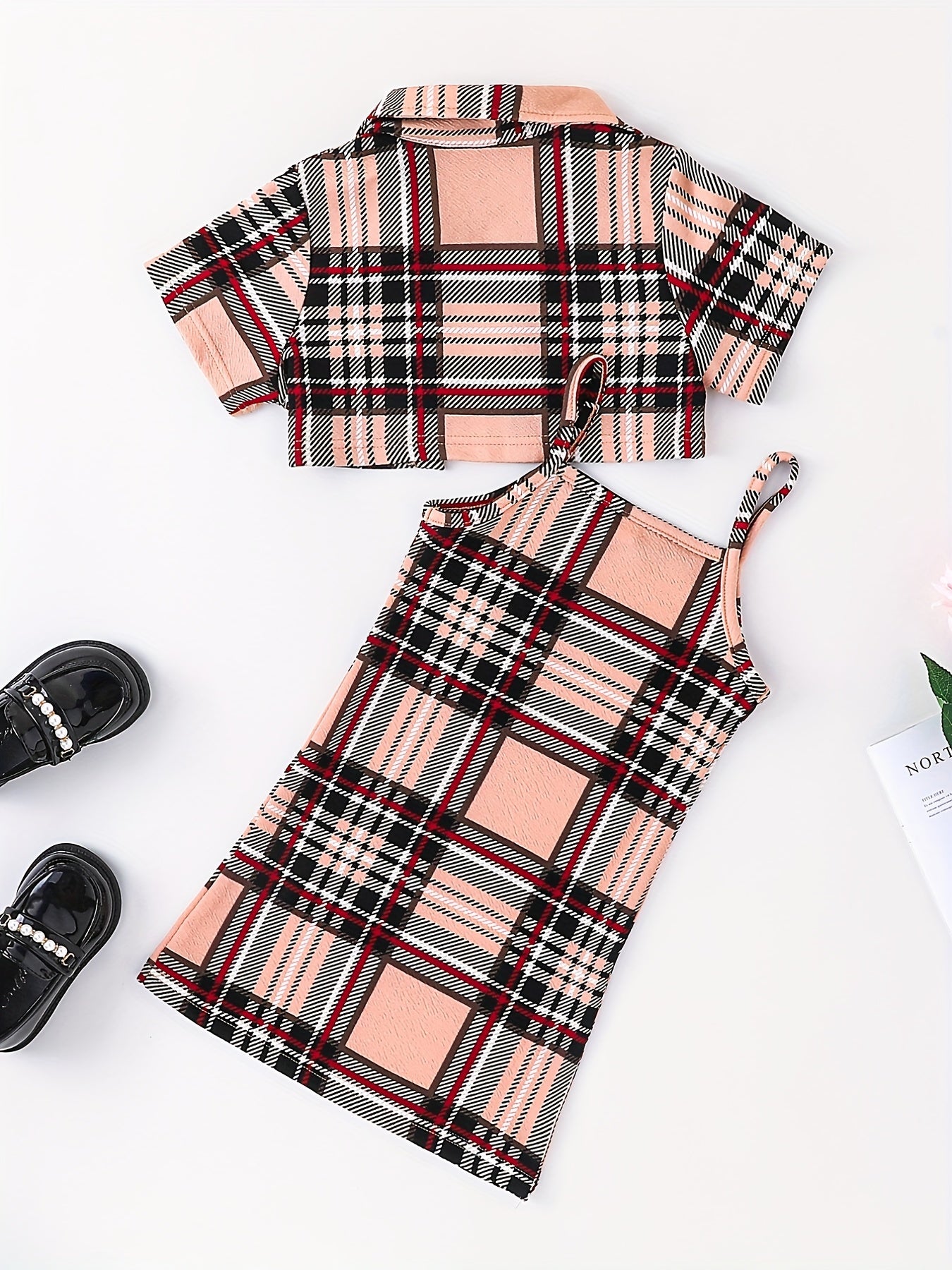 2pcs Toddler Girls Plaid Cami Dress & Crop Blouse Top Set