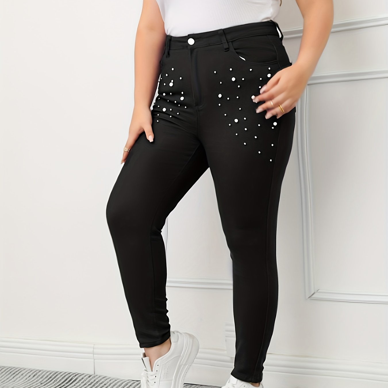 Women's Plus Pearl Button Slim Fit Denim Pants