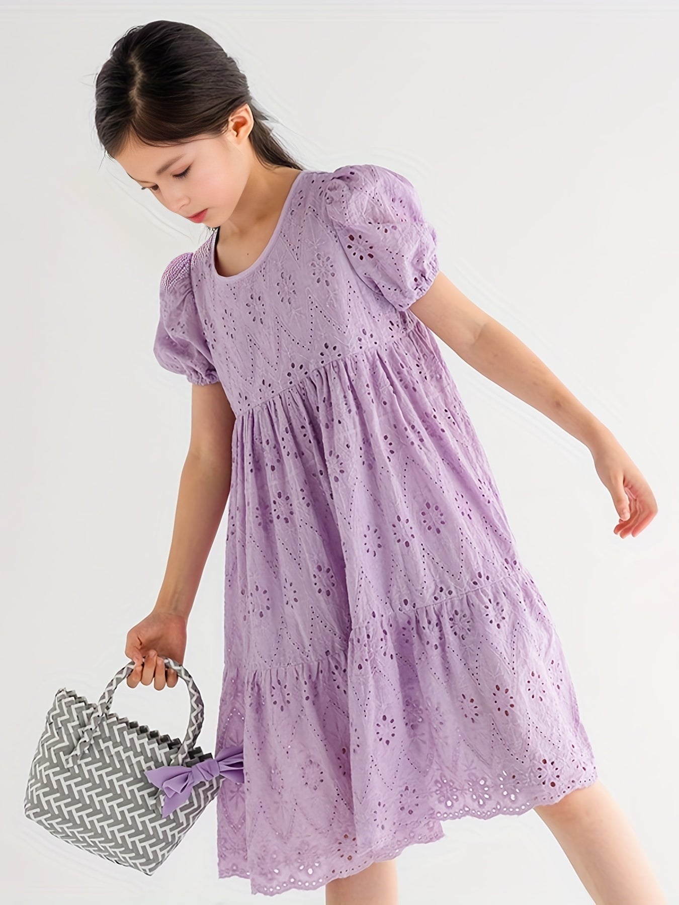 Girl's Cotton Princess Dress Puff Sleeve Crew Neck Summer Clothing