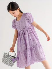 Girl's Cotton Princess Dress Puff Sleeve Crew Neck Summer Clothing