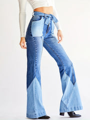 Colorblock High Waist Flare Jeans With Pockets