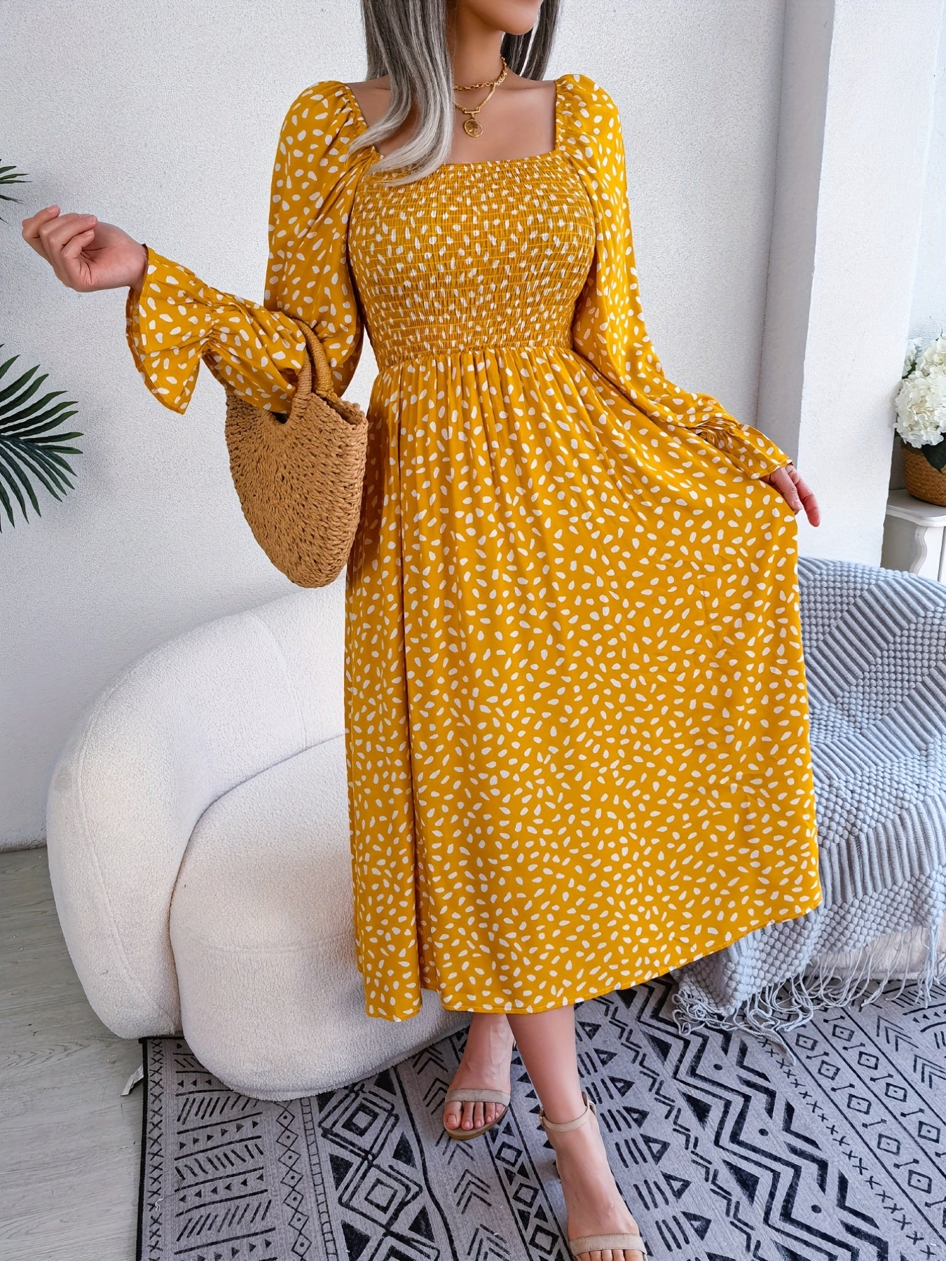 Floral Print Squared Neck Maxi Dress Puff Sleeve Slim Waist Ruched