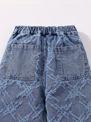 Girls' Cross Print Denim Jeans Wide Leg Trousers