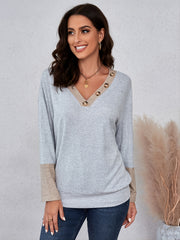 Women's V-Neck Block Sweatshirt Loose Pullover