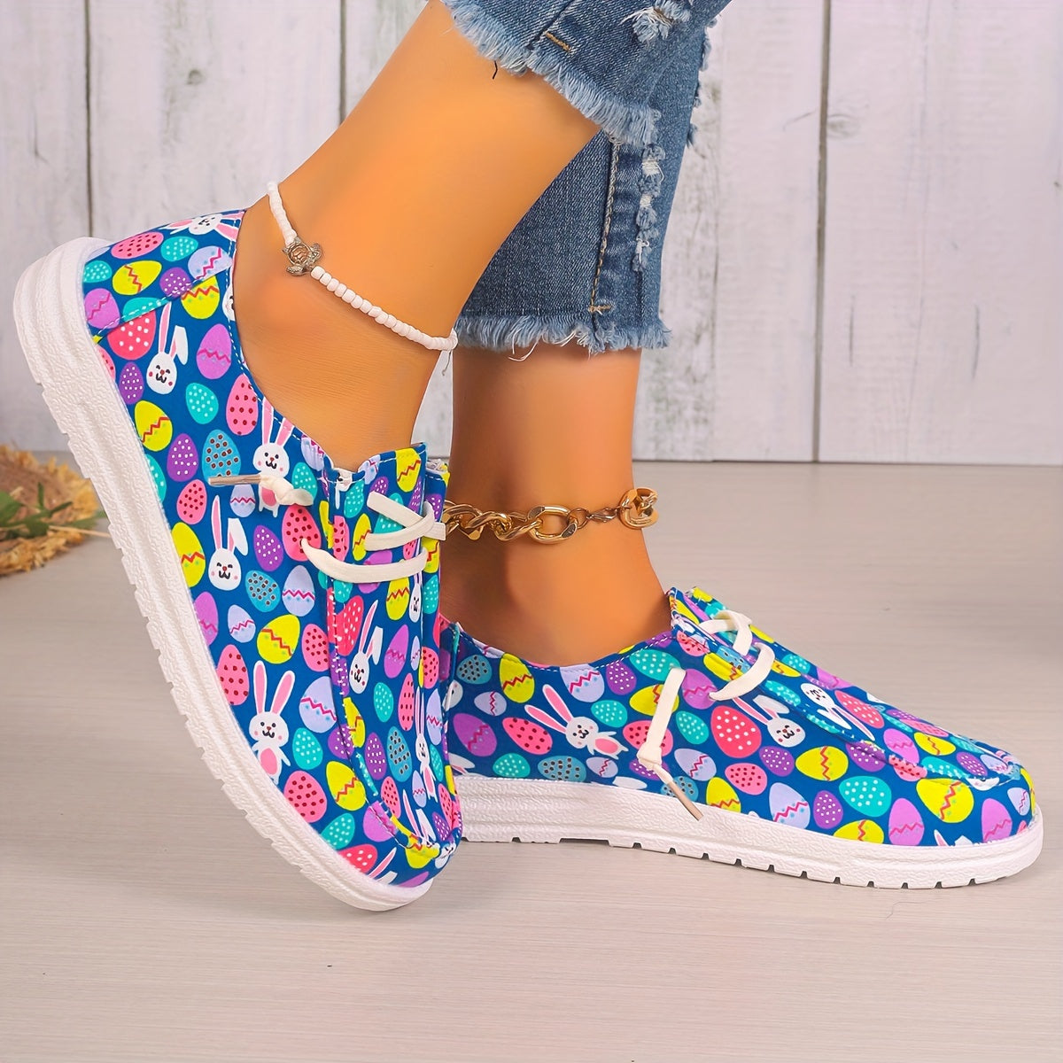 Women's Easter Eggs & Rabbit Graphic Canvas Shoes Lace up Flats