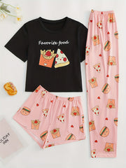 Cartoon Food Print Pajamas Set Top & Shorts & Lounge Pants Women's Sleepwear