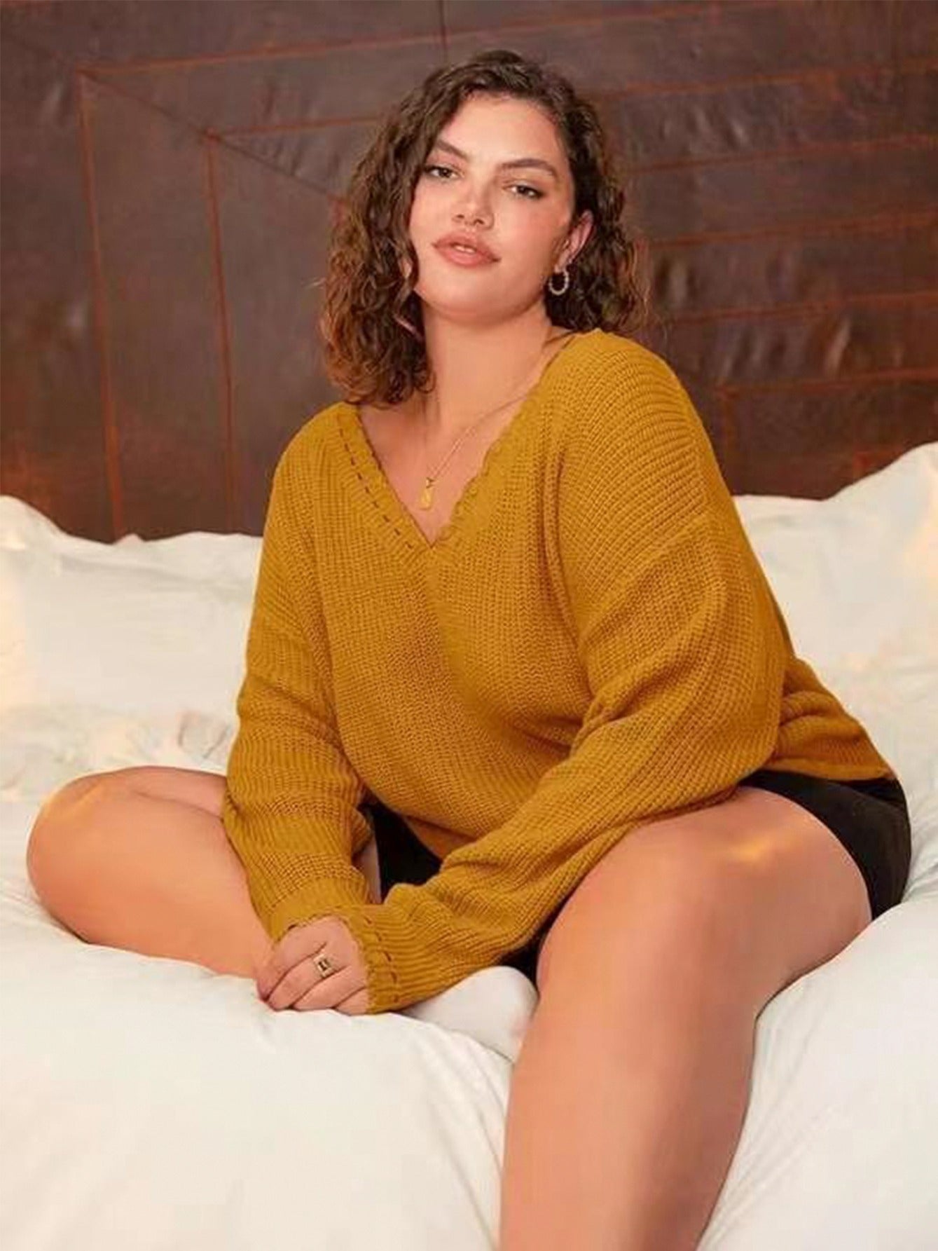 V Neck Solid Sweater Women's Plus Long Sleeve Sweater