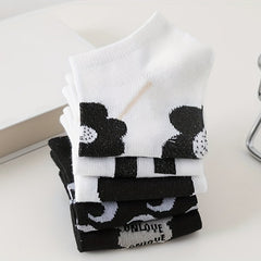 5 Pairs Letter & Floral Print Low Cut Socks for Women