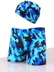 Boys Camo Swim Trunks & Cap Quick Dry for Beach Vacation Kids Summer Clothes