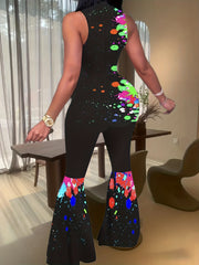 Sexy Tank Jumpsuit Women's Plus Splash Print Mock Neck Flared Leg