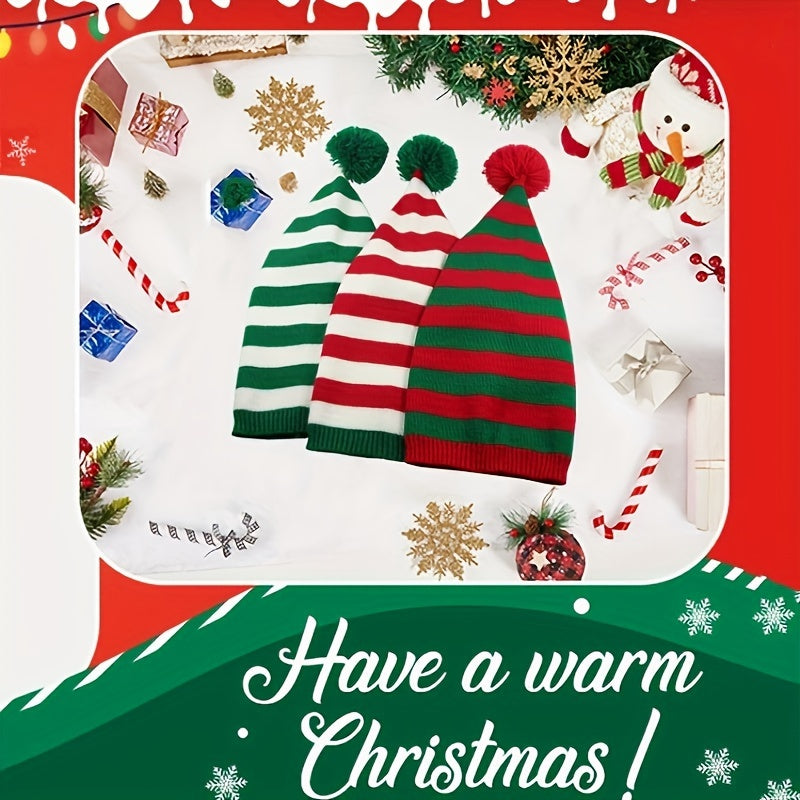 Christmas Striped Knit Hat With Pom, Adult Kids Beanie Caps