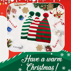 Christmas Striped Knit Hat With Pom, Adult Kids Beanie Caps