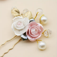 Ceramic Rose Faux Pearl Hairpin Golden Bridal Wedding Party Decor