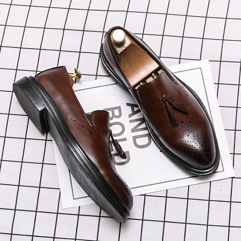 Men's Pointed Toe Brogue Faux Leather Tassel Dress Shoes