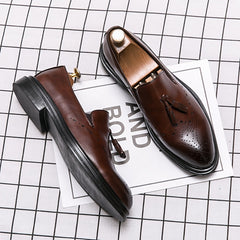 Men's Pointed Toe Brogue Faux Leather Tassel Dress Shoes
