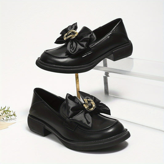Women's Satin Bow Loafers Slip On Chunky Shoes