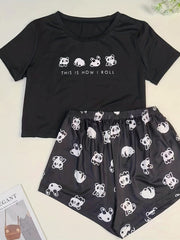 Cartoon Panda Print Pajamas Set Women's 2pcs Lou,
