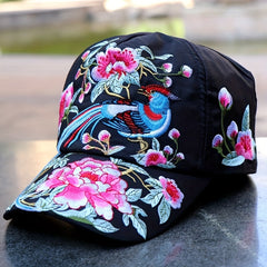 Bird Embroidery Backless Baseball Cap Boho Ponytail Sun Hat