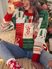Christmas Pattern Knit Sweater Casual Crew Neck Long Sleeve Sweater