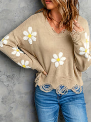 Floral Print Sweater Round Neck Pullover Crop Jumper