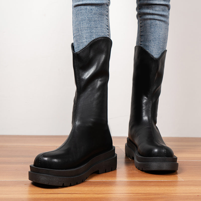 Women's Mid Calf Boots Thick Sole Zip Back Short Boots
